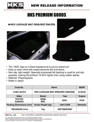 HKS Luggage Mat: Fits Toyota 86, Subaru BRZ, Scion FR-S & GR86