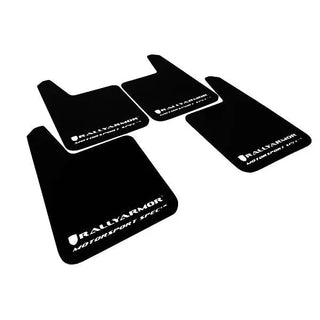 Rally Armor MSpec Mudflaps: Fits Most Models w/ Black Urethane White Logo