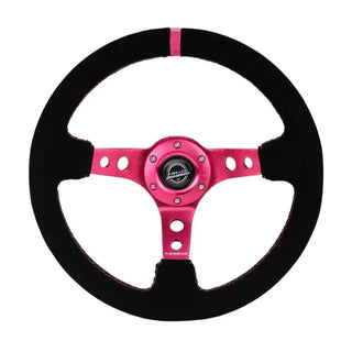 NRG 350MM Deep Dish Steering Wheel: Fuschia Center & Stitching, Black Suede Grip