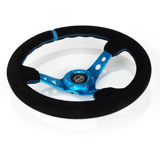 NRG Steering Wheel: Fits Most Models w/ Holes, Blue Stitch & Suede Grip