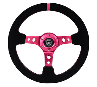 NRG 350MM Deep Dish Steering Wheel: Fuschia Center & Stitching, Black Suede Grip