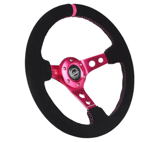 NRG 350MM Deep Dish Steering Wheel: Fuschia Center & Stitching, Black Suede Grip
