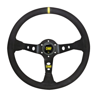 OMP Corsica Steering Wheel: 350mm Deep Dish Suede with Holes & Yellow Stripe