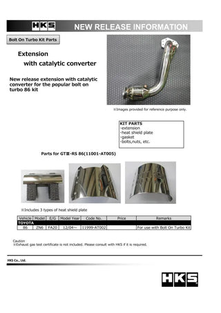 HKS Extension Kit w/ Catalytic Converter: Subaru BRZ (13-20), Scion FR-S (13-16) & Toyota 86 (17-20)