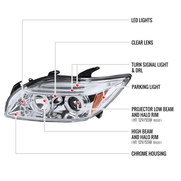 Spec D Dual Halo Projector Headlights w/ Eyebrow CHROME: Scion tC 2005 - 2010