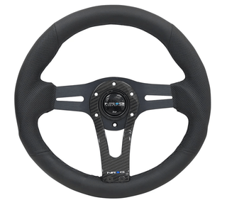 NRG Leather Steering Wheel (320MM) w/ Black Center, Black Stitching, Carbon Center Spoke and Perforated Leather Grip: Fits Most Models