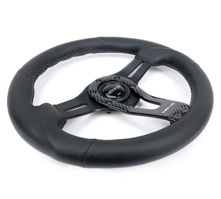 NRG Leather Steering Wheel (320MM) w/ Black Center, Black Stitching, Carbon Center Spoke and Perforated Leather Grip: Fits Most Models