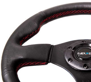 NRG Steering Wheel 320MM w/ Black Center, Red Stitching and Leather Grip: Fits Most Models