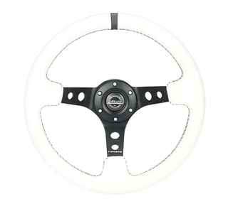 NRG Steering Wheel 350MM Deep Dish: Fits Most Models w/ Holes, Black Center, Black Stitching, Black Stripe and White Leather Grip
