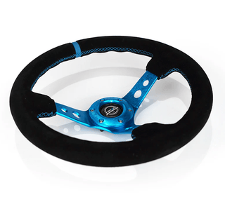 NRG Steering Wheel: Fits Most Models w/ Holes, Black Center, Blue Stitching, Blue Stripe and Black Suede Grip