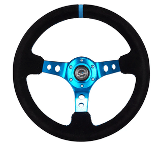 NRG Steering Wheel: Fits Most Models w/ Holes, Black Center, Blue Stitching, Blue Stripe and Black Suede Grip