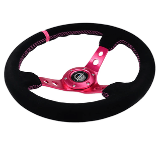 NRG Steering Wheel 350MM Deep Dish w/ Holes, Fuschia Center, Fuschia Stitching, Fuschia Stripe & Black Suede Grip: Fits Most Models
