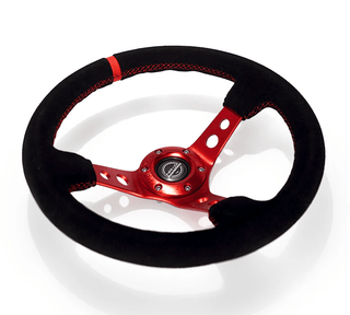 NRG Steering Wheel (350MM Deep Dish) w/ Red Center, Red Stitching, Red Stripe & Black Suede Grip: Fits Most Models