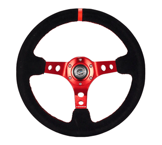 NRG Steering Wheel (350MM Deep Dish) w/ Red Center, Red Stitching, Red Stripe & Black Suede Grip: Fits Most Models