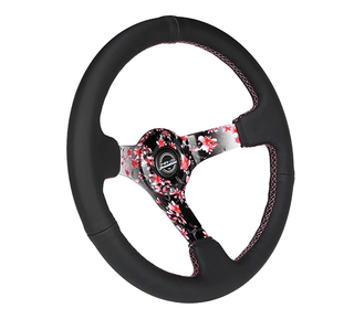 NRG Steering Wheel 350mm Deep Dish Steering Wheel: Fits Most Models w/ Sakura Floral Center, Pink Stitching and Leather Grip