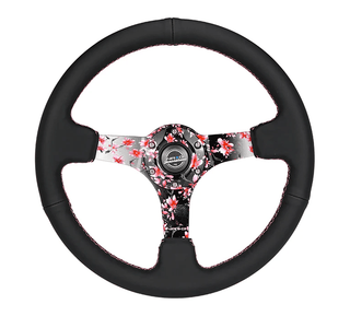 NRG Steering Wheel 350mm Deep Dish Steering Wheel: Fits Most Models w/ Sakura Floral Center, Pink Stitching and Leather Grip