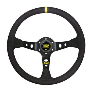 OMP Racing Corsica Steering Wheel: 350mm Deep Dish Suede w/ Holes, Black Center & Yellow Centering Stripe