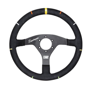 OMP Recce Steering Wheel (350mm): w/ Yellow Centering Strip and Red, White, Yellow, Green Angle Markers
