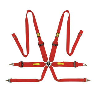 OMP Racing Tecnica 6 Point Harness: Fits Most Models w/ 3"/2" Snap In Red