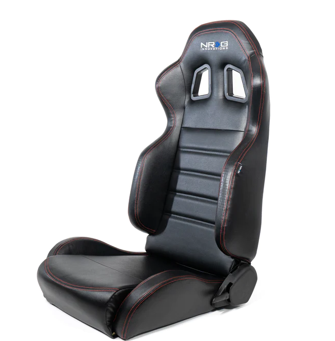 NRG Innovations Reclinable Bucket Seats (Leather w/ Extra Padding) - Black w/ Red Stitch - SOLD AS A PAIR