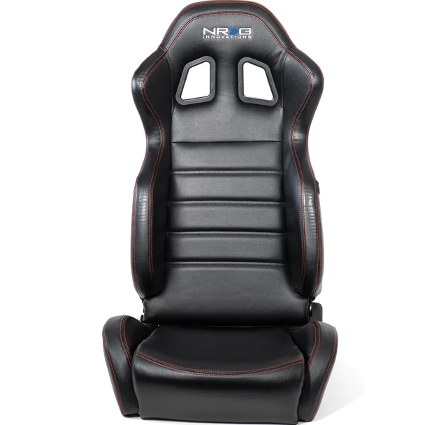 NRG Innovations Reclinable Bucket Seats (Leather w/ Extra Padding) - Black w/ Red Stitch - SOLD AS A PAIR